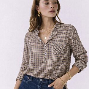 Chaser Plaid Black/Yellow Pullover 1/2 Placket Blouse Size XS Officecore Preppy